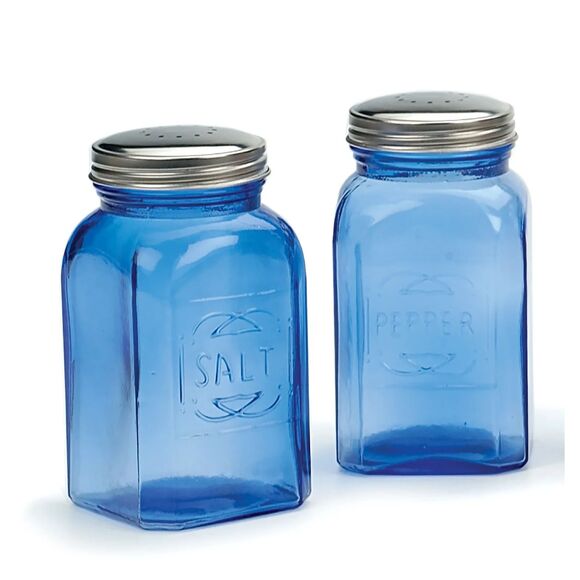 Retro Blue Glass Salt Pepper Shakers Square Stainless-Steel Lid Gift NEW - Picture 2 of 2